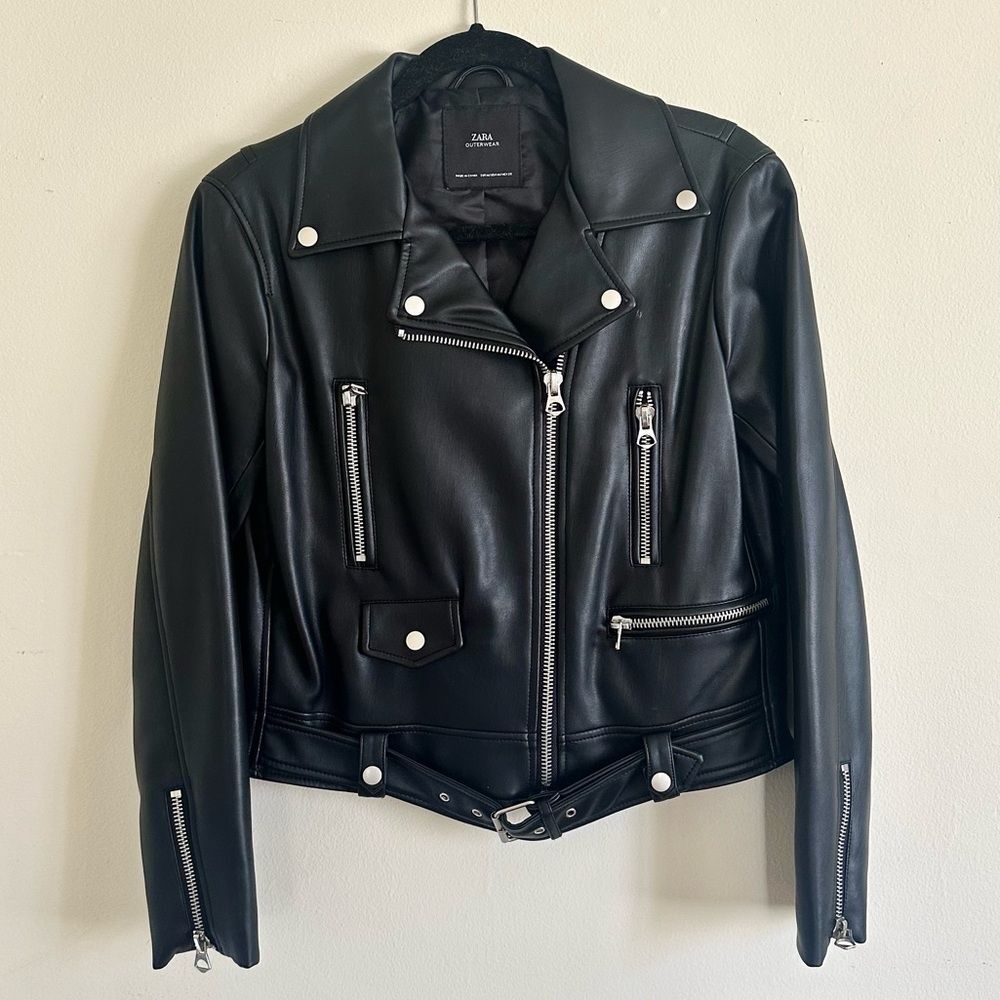 Zara Vegan Leather black belted Jacket women’s Medium